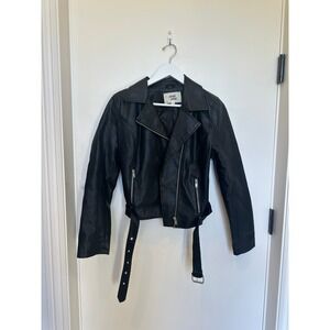 Outer Edge Black Faux Leather Moto Jacket Belted Collar Zip Womens Size M